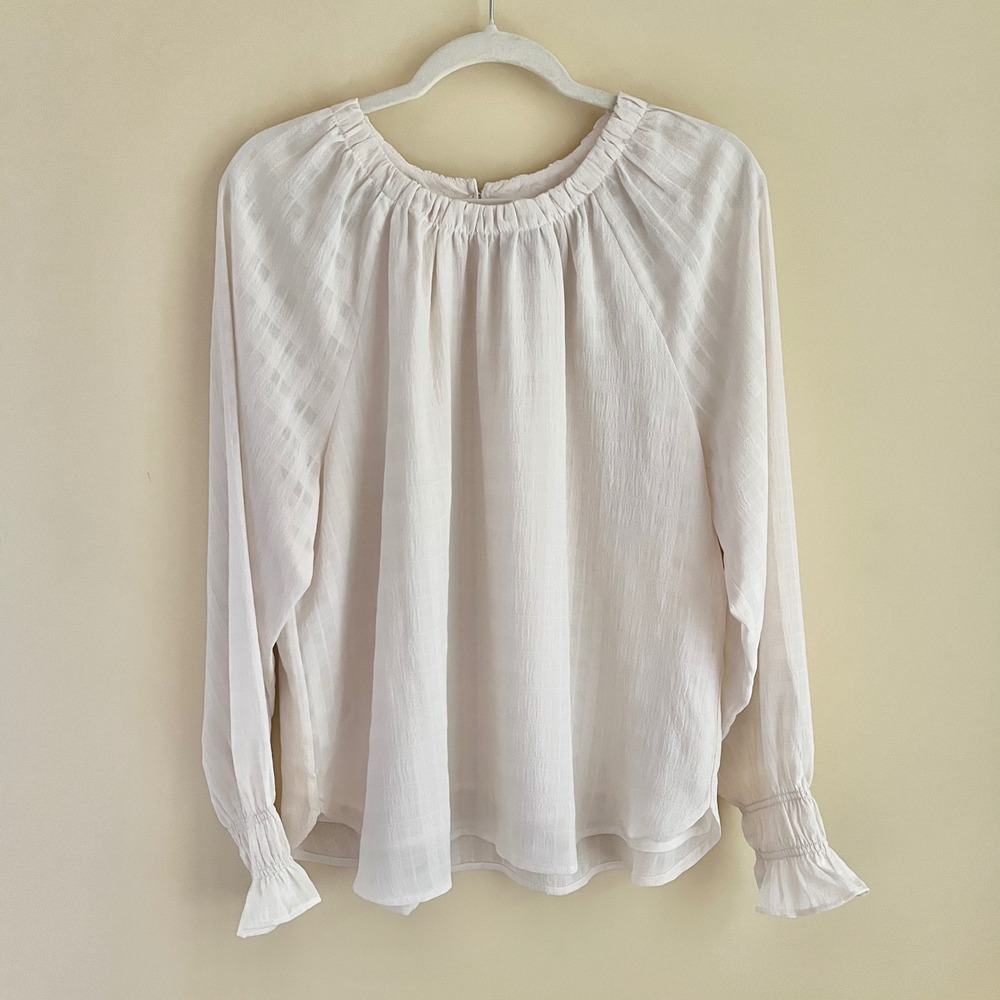 Loft Blouse Top Women's Large New NWT Cream Smocking Ruffles Neutral Office